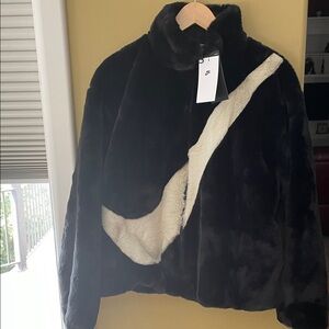 NWT Nike Women's Faux Fur Oversized Jacket with White Swoosh